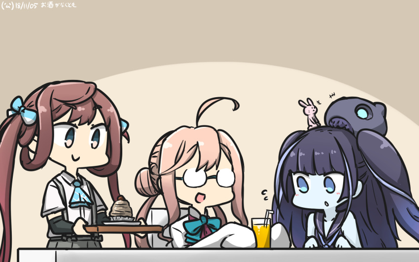 +++ 3girls ahoge animal aqua_bow aqua_neckwear arm_warmers asagumo_(kantai_collection) black_hair black_sailor_collar blue_eyes blue_skin bow bowtie brown_hair commentary_request cup dated dock_hime dress drinking_glass drinking_straw eyebrows_visible_through_hair food glasses grey_eyes grey_skirt hair_bun hamu_koutarou highres juice kantai_collection long_hair makigumo_(kantai_collection) multiple_girls open_mouth pink_hair pleated_skirt rabbit sailor_collar sailor_dress shinkaisei-kan shirt short_sleeves skirt sleeveless sleeveless_dress sleeves_past_wrists smile twintails white_shirt