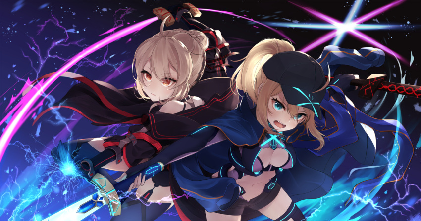 2girls ahoge arm_up artoria_pendragon_(all) bangs baseball_cap bikini_top black_hat black_jacket black_shorts blonde_hair blue_eyes blue_jacket blue_legwear braid breasts brown_eyes closed_mouth commentary_request dark_excalibur dual_wielding excalibur eyebrows_visible_through_hair fate/grand_order fate_(series) fingerless_gloves fingernails gloves glowing hair_between_eyes hair_bun hair_through_headwear hat high_ponytail himitsucalibur holding holding_sword holding_weapon jacket koruta_(nekoimo) long_sleeves looking_at_viewer medium_breasts multiple_girls mysterious_heroine_x mysterious_heroine_x_(alter) navel neon_trim open_clothes open_jacket outstretched_arms ponytail purple_bikini_top purple_gloves short_shorts shorts spread_arms sword thigh-highs v-shaped_eyebrows weapon