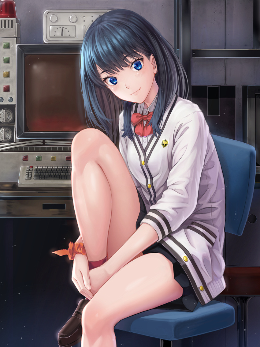 1girl black_hair blue_eyes blush cardigan chair closed_mouth eyebrows_visible_through_hair highres indoors legs looking_at_viewer macha0331 red_neckwear shirt shoes sitting smile solo ssss.gridman takarada_rikka thighs white_cardigan white_shirt