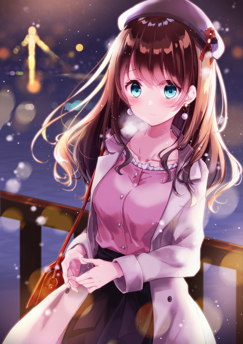 1girl backlighting bag bangs beret black_skirt blue_eyes blurry blurry_background blush bokeh breasts breath brown_hair buttons city_lights closed_mouth coat collarbone commentary_request cowboy_shot depth_of_field earrings expressionless eyebrows_visible_through_hair frills glint hands_together hat hat_ribbon highres jewelry kisaragi_yuri lens_flare long_hair long_skirt long_sleeves looking_at_viewer medium_breasts night open_clothes open_coat original outdoors pink_shirt pom_pom_(clothes) railing red_ribbon ribbon shirt shirt_tucked_in shoulder_bag sidelocks skirt sleeves_folded_up snowing solo white_coat white_hat wing_collar winter