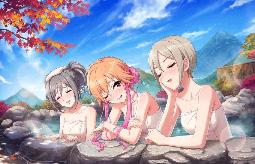 3girls artist_request autumn autumn_leaves bangs bathing blush closed_eyes clouds collarbone dark_illuminate day eyebrows_visible_through_hair grey_hair hair_between_eyes idolmaster idolmaster_cinderella_girls idolmaster_cinderella_girls_starlight_stage kanzaki_ranko leaf long_hair maple_leaf mountain multicolored_hair multiple_girls naked_towel nature ninomiya_asuka official_art onsen open_mouth orange_hair outdoors parted_bangs partially_submerged pink_eyes raised_eyebrows rock scenery shiomi_shuuko short_hair sky smile sunlight sweat tied_hair towel towel_on_head tree two-tone_hair violet_eyes water