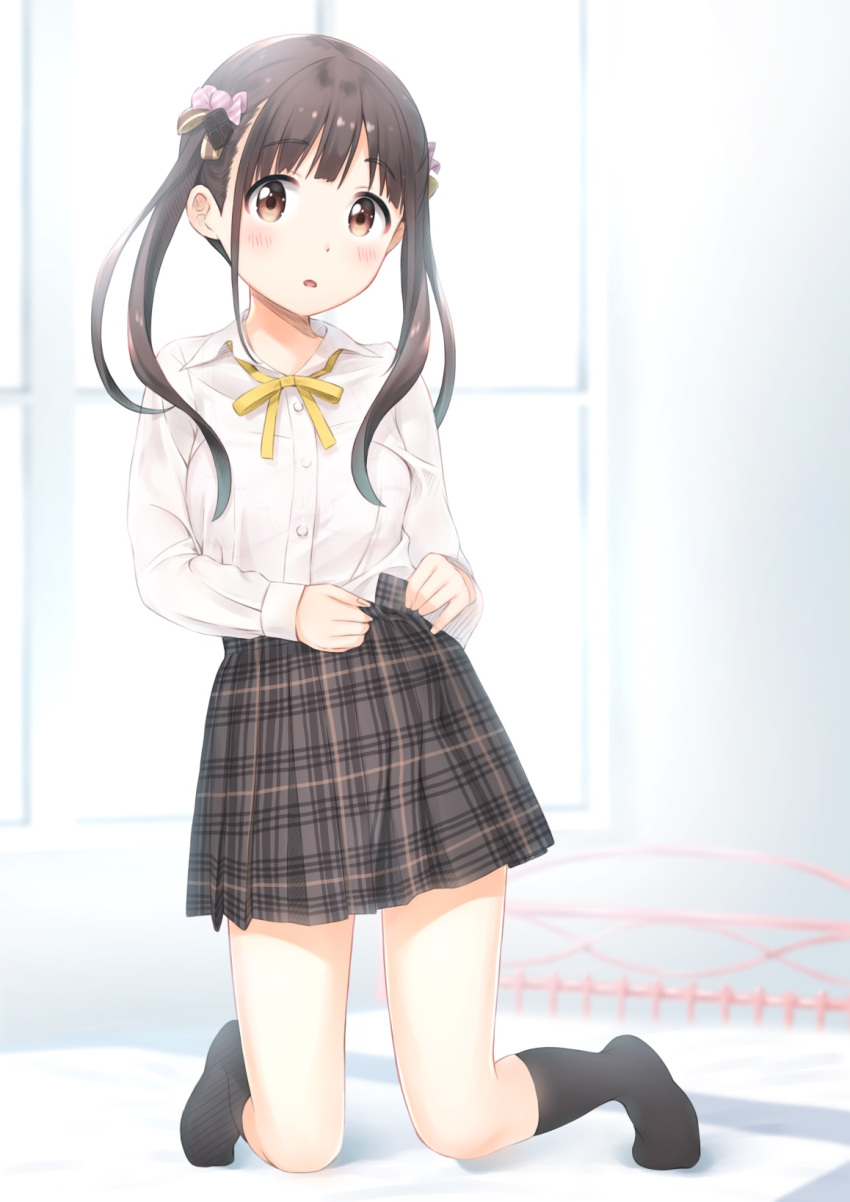 1girl bashosho black_legwear blurry blurry_background blush brown_eyes brown_hair brown_skirt candy_hair_ornament candy_wrapper collared_shirt commentary_request depth_of_field dress_shirt fingernails food_themed_hair_ornament full_body hair_ornament head_tilt highres idolmaster idolmaster_shiny_colors indoors kneehighs kneeling long_hair long_sleeves looking_at_viewer neck_ribbon no_shoes parted_lips plaid plaid_skirt pleated_skirt ribbon school_uniform shirt skirt sleeves_past_wrists solo sonoda_chiyoko twintails white_shirt window yellow_ribbon