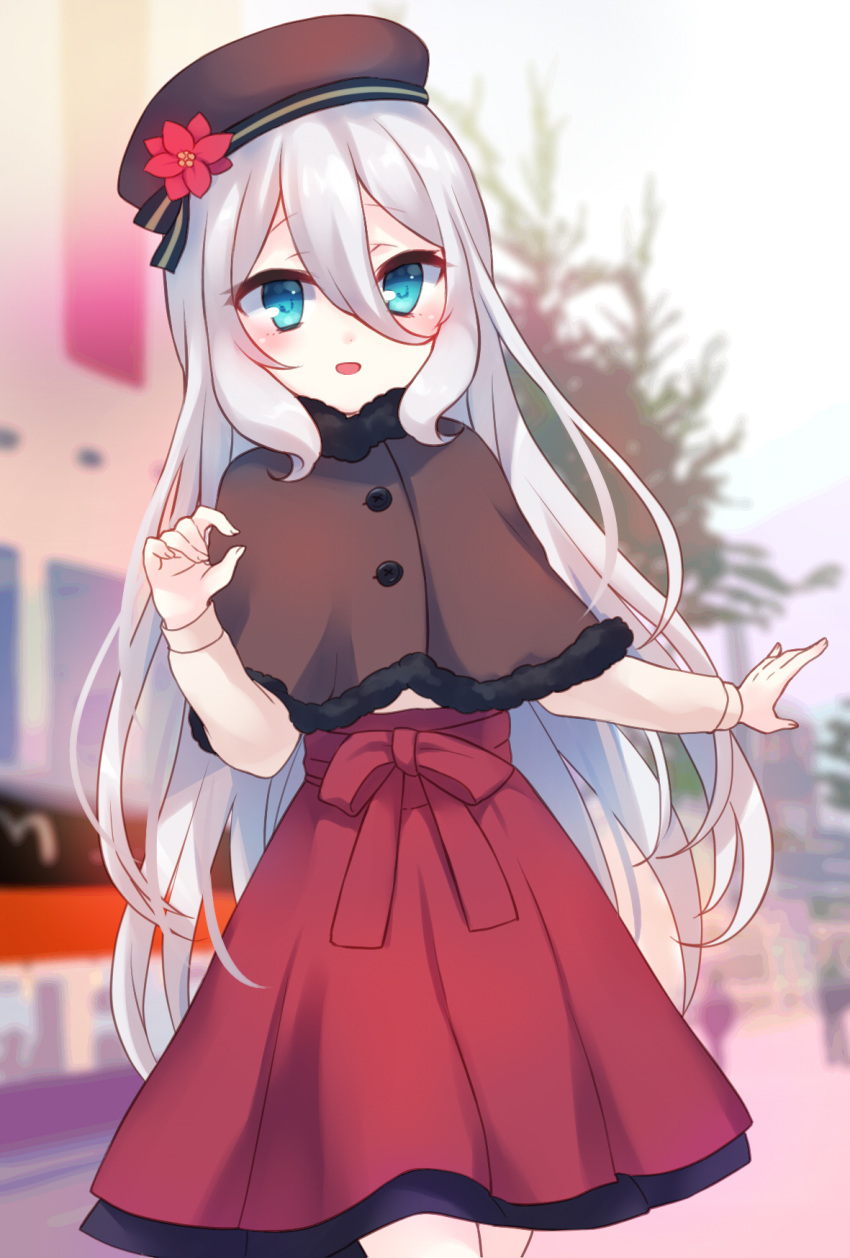 1girl :d bangs beret blue_eyes blurry blurry_background blush brown_capelet brown_hat capelet commentary_request day depth_of_field eyebrows_visible_through_hair fingernails flower fur-trimmed_capelet fur_trim gucchiann hair_between_eyes hat hat_flower highres kokkoro_(princess_connect!) leaning_to_the_side long_hair long_sleeves open_mouth outdoors princess_connect! red_flower red_skirt skirt smile solo very_long_hair