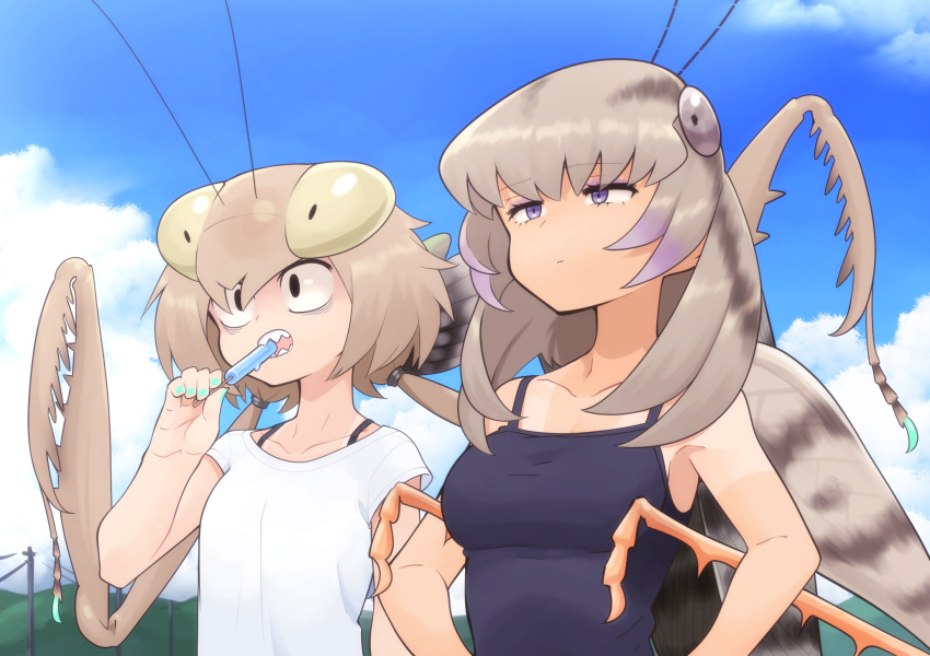 2girls alternate_color antennae arm_at_side bangs black_eyes black_tank_top blue_sky breasts brown_hair bug day eating evolvingmonkey eyebrows_visible_through_hair food grasshopper grasshopper_inoue hands_on_hips highres holding holding_food insect insect_girl insect_wings mantis_akiyama medium_breasts medium_hair multiple_girls original outdoors popsicle praying_mantis purple_eyeshadow sharp_teeth shirt short_sleeves side-by-side sky t-shirt tan tank_top tanline teeth telephone_pole twintails violet_eyes white_shirt wings
