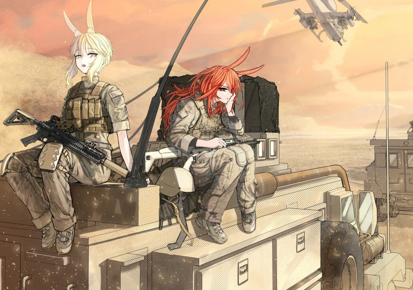 2girls aircraft animal_ears blonde_hair desert gun helicopter highres knee_pads load_bearing_vest long_hair looking_at_viewer military military_uniform multiple_girls nurim orange_eyes orange_hair original rabbit_ears short_hair_with_long_locks sitting suppressor uniform weapon weapon_request yellow_eyes