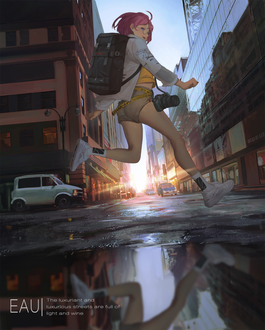 1girl absurdres backpack bag belt blue_eyes blue_sky building camera car coat cutyeqwq dutch_angle full_body glasses ground_vehicle highres long_hair motor_vehicle open_clothes open_coat open_mouth original outdoors puddle purple_hair running shirt shoes shorts sky sneakers socks solo t-shirt title white_coat yellow_shirt