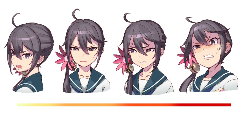 ahoge akebono_(kantai_collection) anger_vein angry bell commentary_request disgust flower gauge hair_bell hair_between_eyes hair_flower hair_ornament highres jingle_bell kantai_collection long_hair looking_at_viewer looking_to_the_side multiple_views open_mouth purple_hair school_uniform serafuku side_ponytail simple_background sweatdrop tonami_kanji violet_eyes white_background white_serafuku