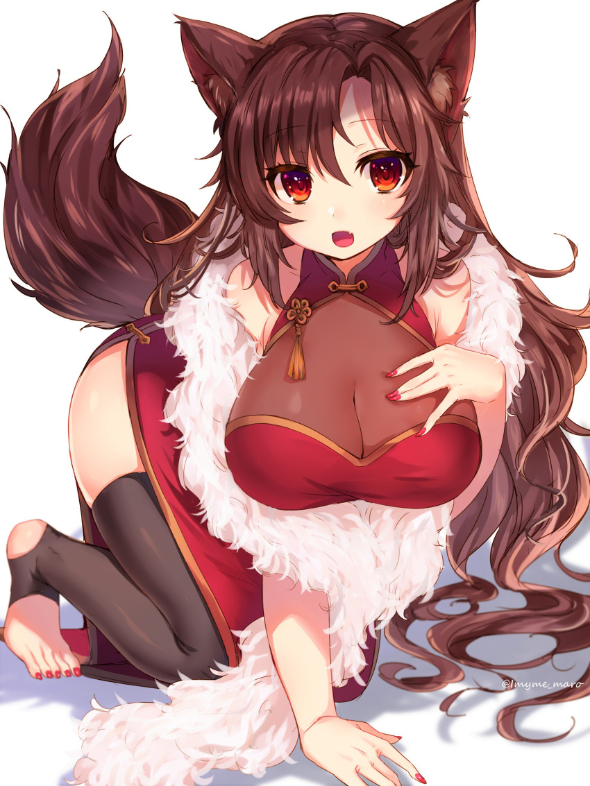 1girl absurdres all_fours alternate_costume animal_ears bangs black_legwear breasts brown_hair china_dress chinese_clothes dress fang fur fur_trim hand_on_own_chest hanging_breasts highres imaizumi_kagerou large_breasts long_hair looking_at_viewer marota nail_polish open_mouth red_dress red_eyes red_nails simple_background solo stirrup_legwear tail tassel thigh-highs toeless_legwear toenail_polish touhou twitter_username very_long_hair wavy_hair white_background wolf_ears wolf_tail