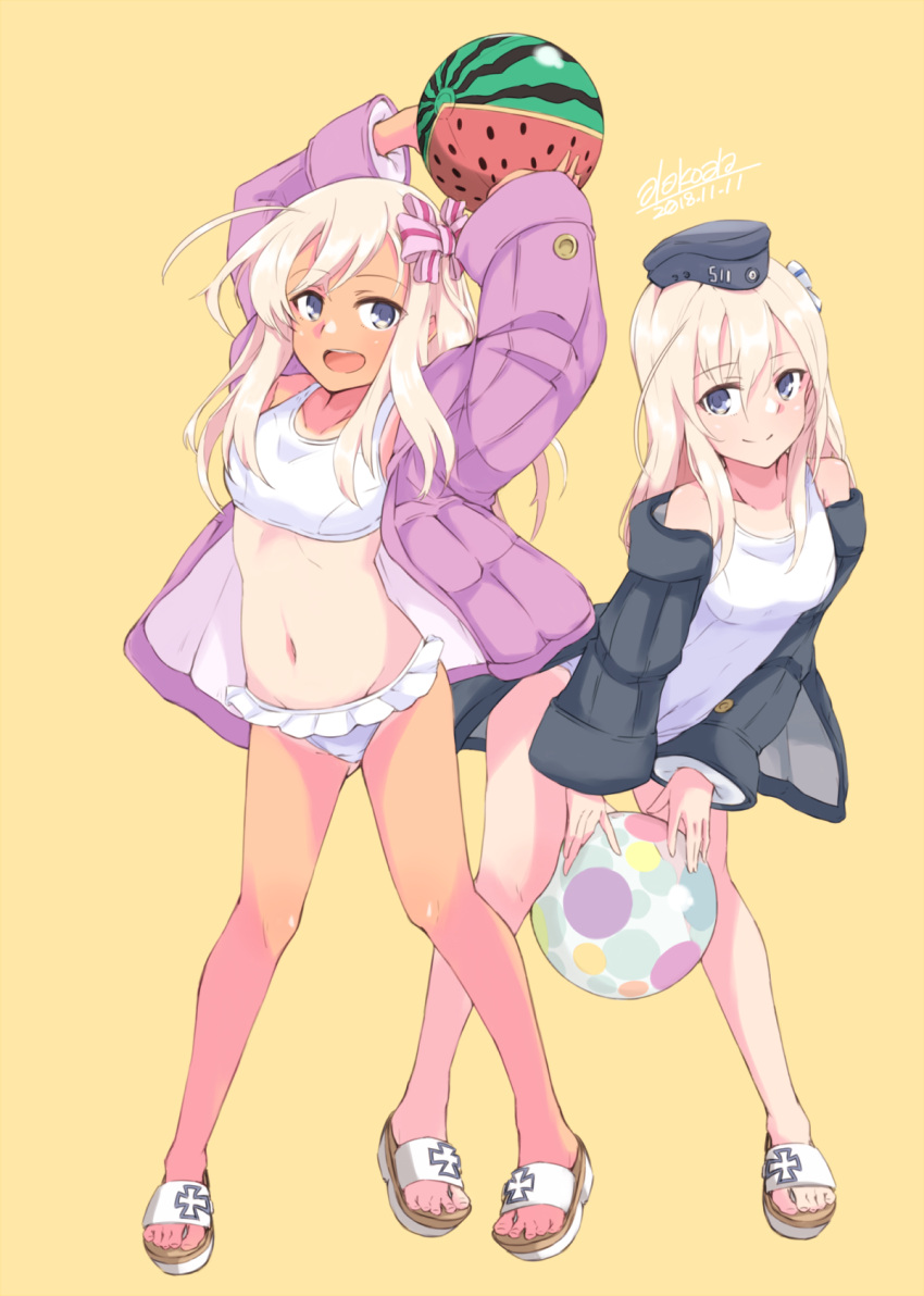 2girls :d alakoala_shoushou arms_up artist_name ass_visible_through_thighs ball bangs bare_shoulders beachball bikini black_jacket blonde_hair blue_eyes blush breasts collarbone dated dual_persona eyebrows_visible_through_hair frilled_bikini frills full_body garrison_cap groin hair_between_eyes hair_ornament hat highres jacket kantai_collection long_hair looking_at_viewer multiple_girls navel off_shoulder one-piece_tan open_mouth pink_jacket ro-500_(kantai_collection) sandals school_swimsuit simple_background small_breasts smile standing swimsuit tan tanline u-511_(kantai_collection) watermelon_beachball white_bikini white_school_swimsuit white_swimsuit yellow_background