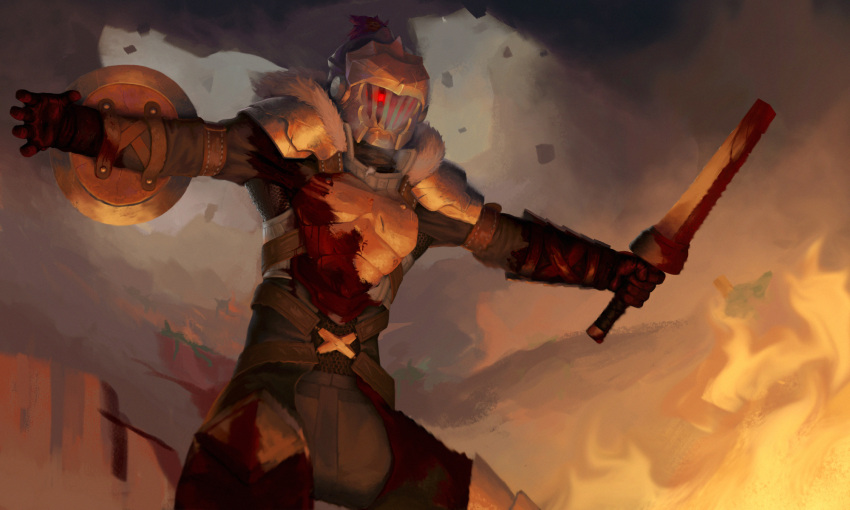 1boy armor blood bloody_clothes buckler dual_wielding fire flame full_armor fur_collar fur_trim gauntlets gloves glowing glowing_eye goblin_slayer goblin_slayer! helmet highres holding holding_sword holding_weapon knight outstretched_arms plume red_eyes shield shoulder_armor simple_background solo spread_arms standing sword tankhead weapon