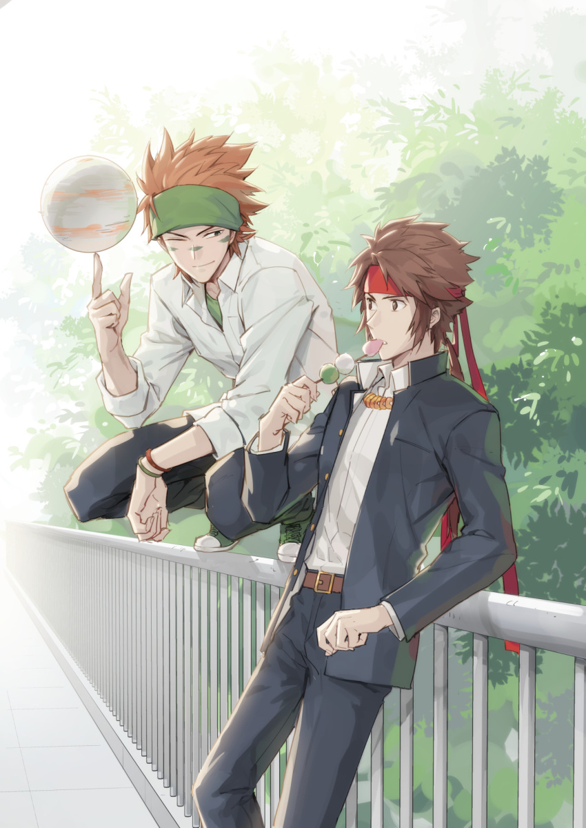 2boys ;) ball belt black_jacket black_pants blazer bracelet brown_eyes brown_hair dango day dress_shirt facial_mark food full_body gakuen_basara green_bandana highres ishida_mitsunari jacket jewelry leaning_back linjie long_sleeves male_focus multiple_boys one_eye_closed open_blazer open_clothes open_jacket outdoors pants red_bandana sanada_yukimura school_uniform sengoku_basara shirt shoes short_hair smile sneakers spiky_hair squatting standing wagashi white_shirt