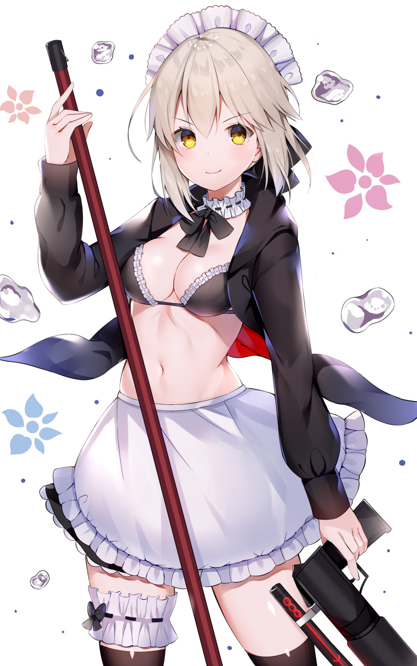 1girl absurdres aozora_nan apron artoria_pendragon_(all) artoria_pendragon_(swimsuit_rider_alter) bangs black_bikini_top black_jacket black_skirt breasts brown_eyes brown_legwear cleavage closed_mouth commentary_request eyebrows_visible_through_hair fate/grand_order fate_(series) frilled_apron frilled_bikini_top frills gun hair_between_eyes hand_up handgun highres holding holding_gun holding_weapon jacket light_brown_hair long_sleeves looking_at_viewer medium_breasts navel pistol sidelocks simple_background skirt smile solo thigh-highs waist_apron water_drop weapon weapon_request white_apron white_background