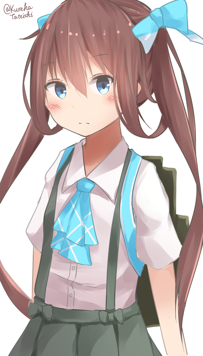 1girl absurdres asagumo_(kantai_collection) bangs blue_bow blue_eyes blue_neckwear blush bow brown_hair closed_mouth collared_shirt dress_shirt eyebrows_visible_through_hair green_skirt hair_between_eyes hair_bow hair_rings hamayuu_(litore) highres kantai_collection long_hair looking_at_viewer pleated_skirt shirt short_sleeves simple_background skirt solo suspender_skirt suspenders twintails twitter_username very_long_hair white_background white_shirt