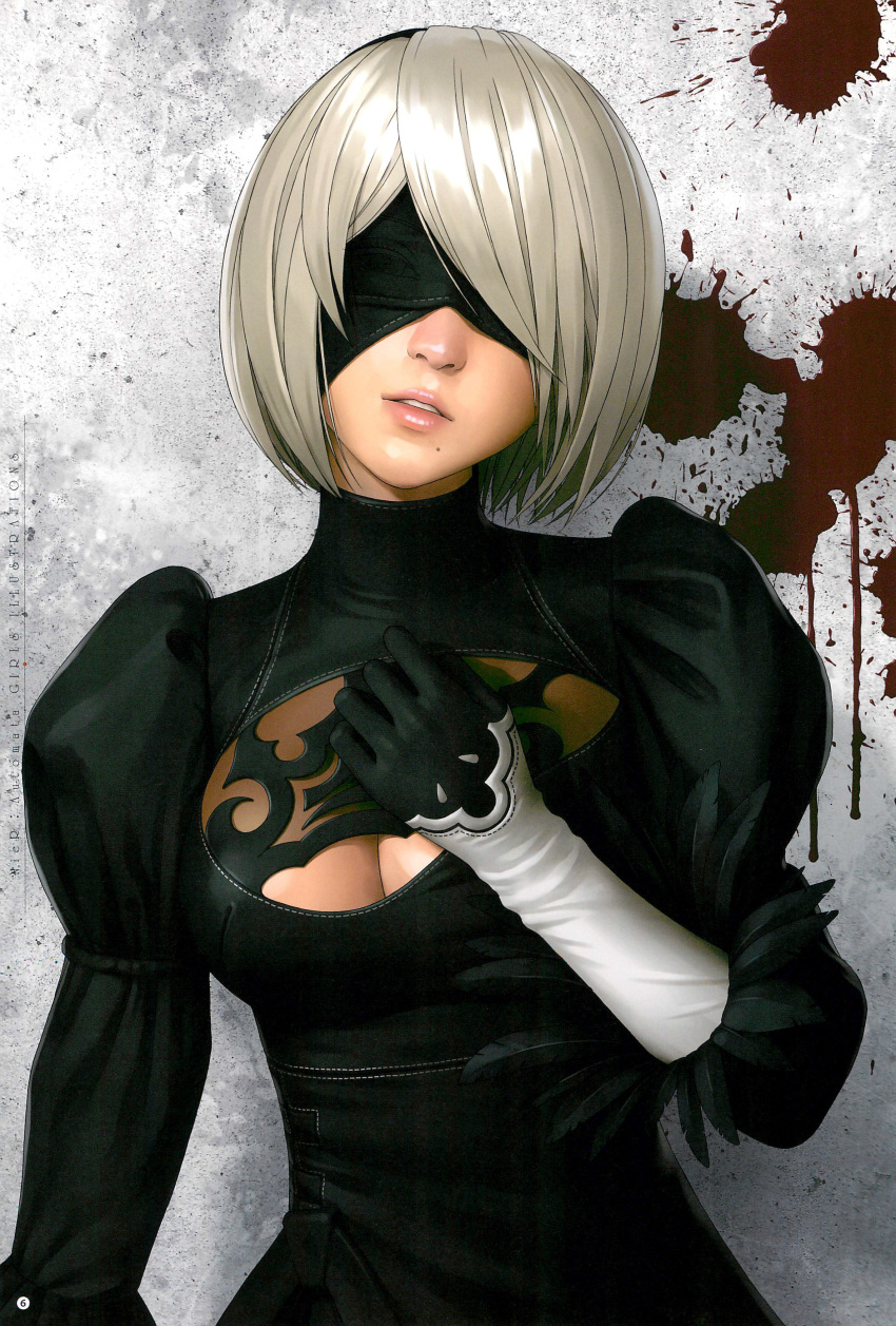 1girl absurdres black_blindfold black_dress black_hairband blindfold breasts cleavage_cutout dress feather-trimmed_sleeves hairband highres looking_at_viewer medium_breasts mole mole_under_mouth nier_(series) nier_automata parted_lips short_hair silver_hair upper_body watanabe_yasuaki yorha_no._2_type_b