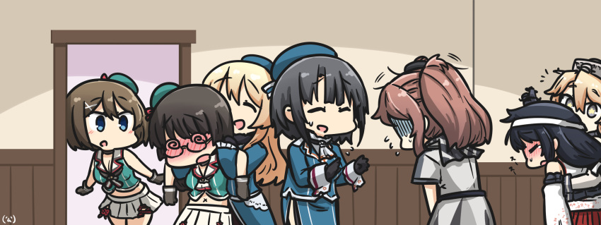 6+girls @_@ ^_^ ^o^ aqua_hat atago_(kantai_collection) bare_shoulders beret black_gloves black_hair blonde_hair blue_eyes blue_hat blush brown_eyes choukai_(kantai_collection) closed_eyes closed_eyes commentary_request detached_sleeves dress drunk eyebrows_visible_through_hair fusou_(kantai_collection) glasses gloves grey_eyes hair_between_eyes hair_ornament hamu_koutarou hat highres iowa_(kantai_collection) kantai_collection long_hair long_sleeves maya_(kantai_collection) military military_uniform multiple_girls navel nontraditional_miko open_mouth pleated_skirt remodel_(kantai_collection) rimless_eyewear saratoga_(kantai_collection) short_hair skirt sleeveless smile star star-shaped_pupils symbol-shaped_pupils takao_(kantai_collection) uniform white_dress white_skirt