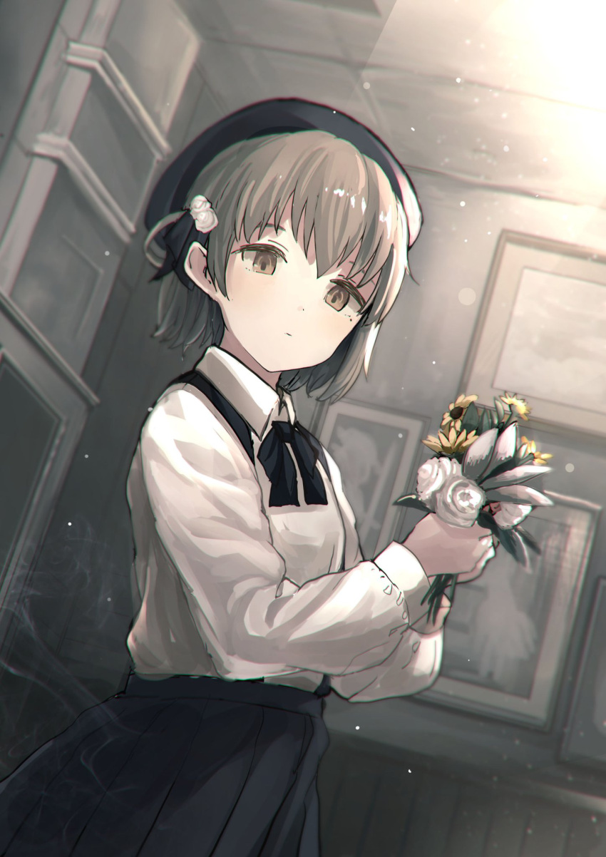 1girl bangs beret black_hat black_ribbon black_skirt brown_eyes brown_hair closed_mouth collared_shirt commentary flower hair_between_eyes hair_flower hair_ornament hat hatoba_tsugu hatoba_tsugu_(character) highres holding holding_flower indoors long_sleeves looking_at_viewer mole mole_under_eye momoero picture_frame ribbon shirt skirt solo suspender_skirt suspenders virtual_youtuber white_shirt