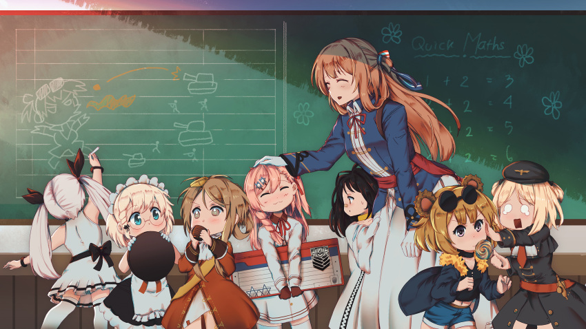 6+girls apron bandaid bandaid_on_nose bangs black_hair blazer blonde_hair blue_eyes blush bow braid breasts brown_hair c-ms_(girls_frontline) candy classroom closed_mouth coat covered_mouth dress eyebrows_visible_through_hair eyewear_on_head five-seven_(girls_frontline) food fur-trimmed_jacket fur_trim g36_(girls_frontline) girls_frontline glasses gloves green_eyes grizzly_mkv_(girls_frontline) hair_between_eyes hair_bow hair_ornament hair_ribbon hair_rings hairclip hexagram highres holding holding_food holding_tray jacket large_breasts lee-enfield_(girls_frontline) lollipop long_hair long_sleeves m1903_springfield_(girls_frontline) maid maid_headdress mole mole_under_eye mp40_(girls_frontline) multiple_girls negev_(girls_frontline) one_side_up open_clothes open_mouth persocon93 petting pink_hair red_bow red_coat red_eyes ribbon shirt short_hair side_braid sidelocks silver_hair sleeveless sleeveless_dress smile star_of_david sunglasses tearing_up thigh-highs tray twintails very_long_hair violet_eyes weapon_case white_dress white_gloves wristband younger