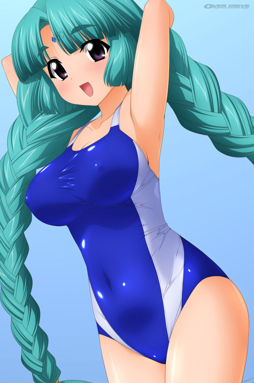 1girl absurdres armpits arms_behind_head blue_background blue_swimsuit braid breasts canal_vorfeed collarbone competition_swimsuit cowboy_shot facial_mark forehead_mark gradient gradient_background green_hair highres large_breasts long_hair lost_universe one-piece_swimsuit open_mouth smile solo sugimura_tomokazu swimsuit twin_braids violet_eyes wallpaper