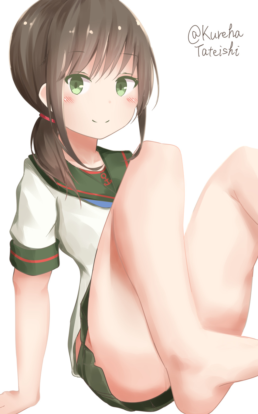1girl absurdres arm_support ass bangs bare_legs barefoot blush brown_hair closed_mouth convenient_leg eyebrows_visible_through_hair fubuki_(kantai_collection) green_eyes green_sailor_collar green_skirt hamayuu_(litore) highres kantai_collection long_hair low_ponytail pleated_skirt remodel_(kantai_collection) sailor_collar shirt short_sleeves sidelocks simple_background sitting skirt smile solo twitter_username white_background white_shirt