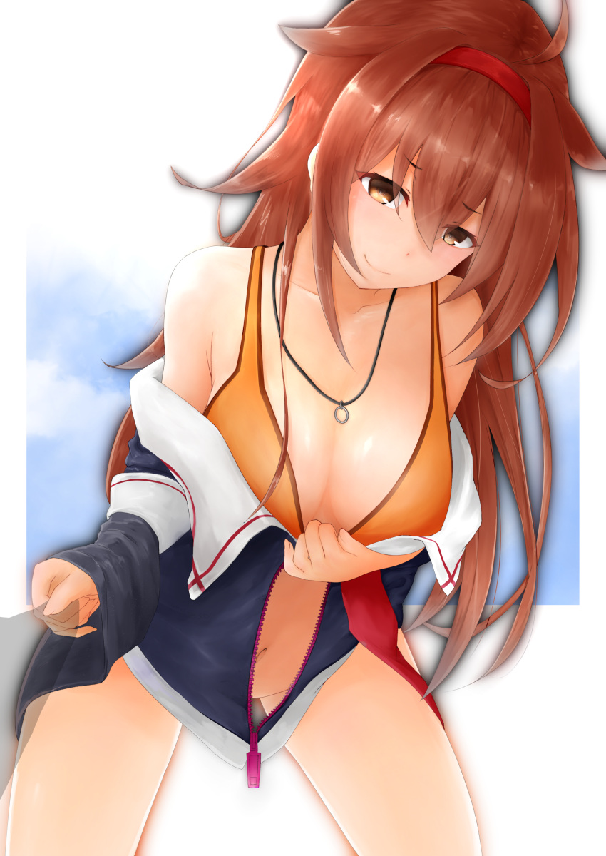 1girl absurdres ahoge bikini black_jacket blush breasts brown_eyes cleavage closed_mouth collarbone day hair_flaps highres jacket jewelry kantai_collection large_breasts leaning_forward long_hair looking_at_viewer open_clothes open_jacket outside_border red_headband redhead remodel_(kantai_collection) ring ring_necklace shiratsuyu_(kantai_collection) smile solo swimsuit terebi- wedding_band yellow_bikini zipper