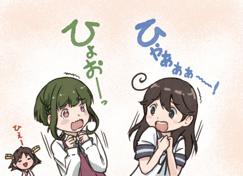 3girls ahoge headgear hiei_(kantai_collection) kantai_collection multiple_girls otoufu school_uniform serafuku surprised takanami_(kantai_collection) translated ushio_(kantai_collection)