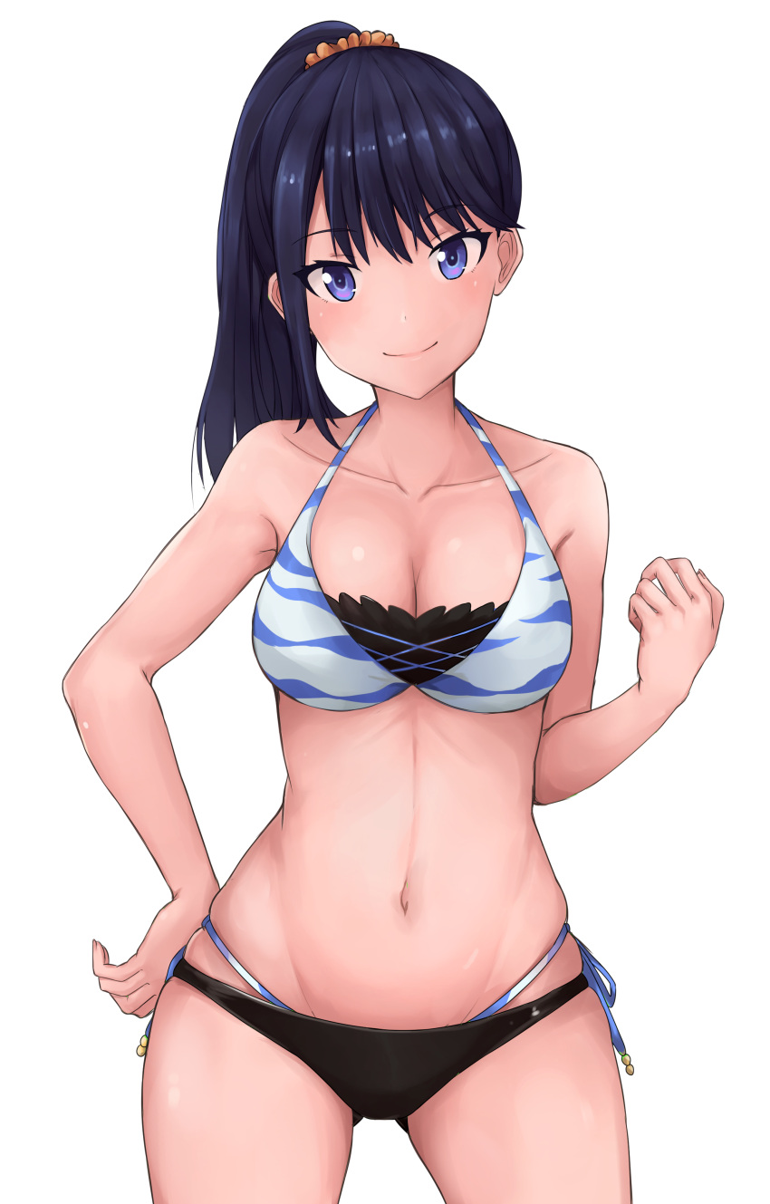 1girl absurdres bangs bikini black_bikini black_hair blue_eyes breasts cleavage collarbone contrapposto cowboy_shot gluteal_fold hand_on_hip head_tilt highres long_hair looking_at_viewer medium_breasts navel ponytail side-tie_bikini smile solo ssss.gridman standing swimsuit takarada_rikka white_background yoyuki