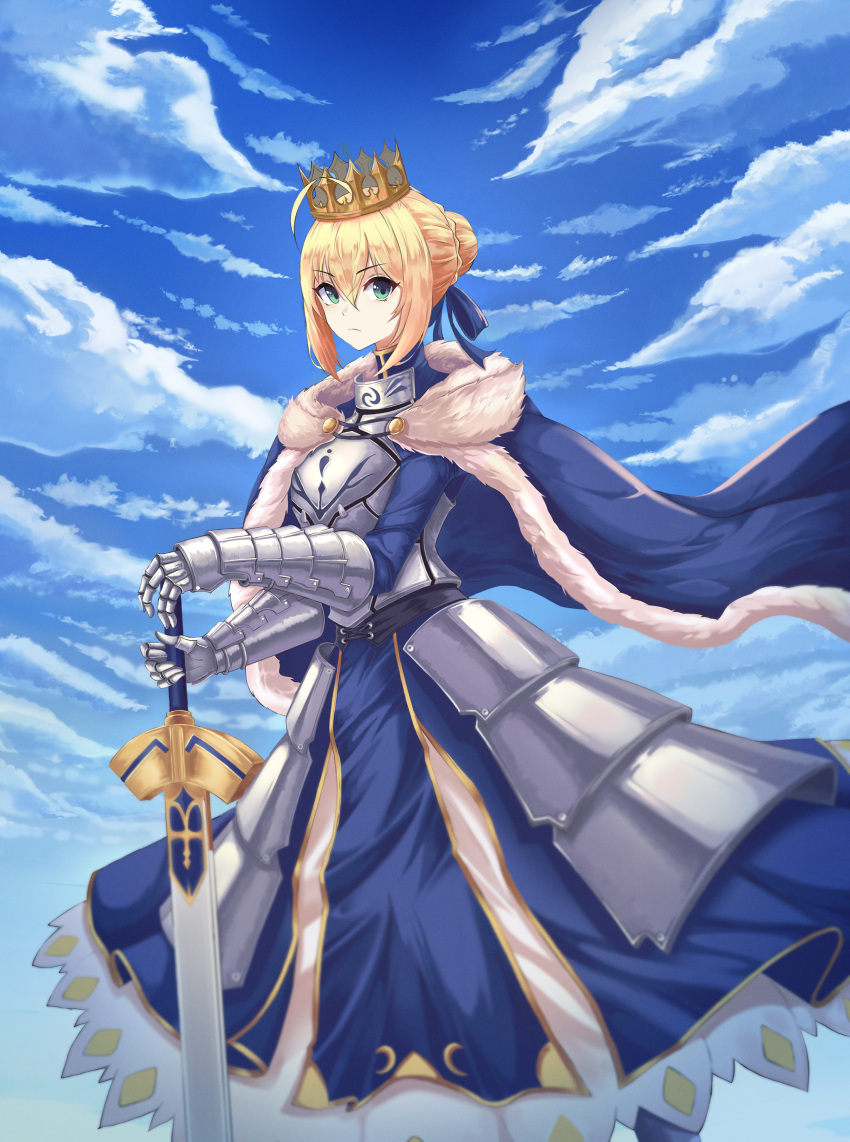 1girl absurdres ahoge armor armored_dress artoria_pendragon_(all) blonde_hair blue_cape blue_dress blue_ribbon blue_sky braided_bun cape clouds crown dress excalibur eyebrows_visible_through_hair fate/stay_night fate_(series) faulds fur-trimmed_cape fur_trim gauntlets green_eyes hair_between_eyes hair_ribbon hand_on_hilt highres holding holding_sword holding_weapon lebring long_dress looking_at_viewer outdoors ribbon saber sky solo standing sword tied_hair weapon