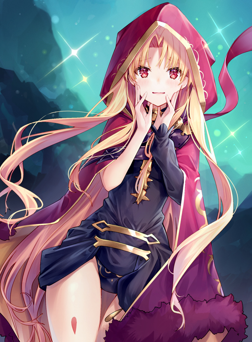 1girl bangs black_dress blonde_hair blush cape commentary_request dress ereshkigal_(fate/grand_order) eyebrows_visible_through_hair fate/grand_order fate_(series) fur-trimmed_cape fur_trim gluteal_fold hands_up highres hood hood_up hooded_cape long_hair long_sleeves multicolored multicolored_cape multicolored_clothes parted_bangs parted_lips petals purple_cape red_eyes single_sleeve skull sleeves_past_wrists smile solo sparkle thigh_gap very_long_hair yellow_cape yuya_(night_lily)
