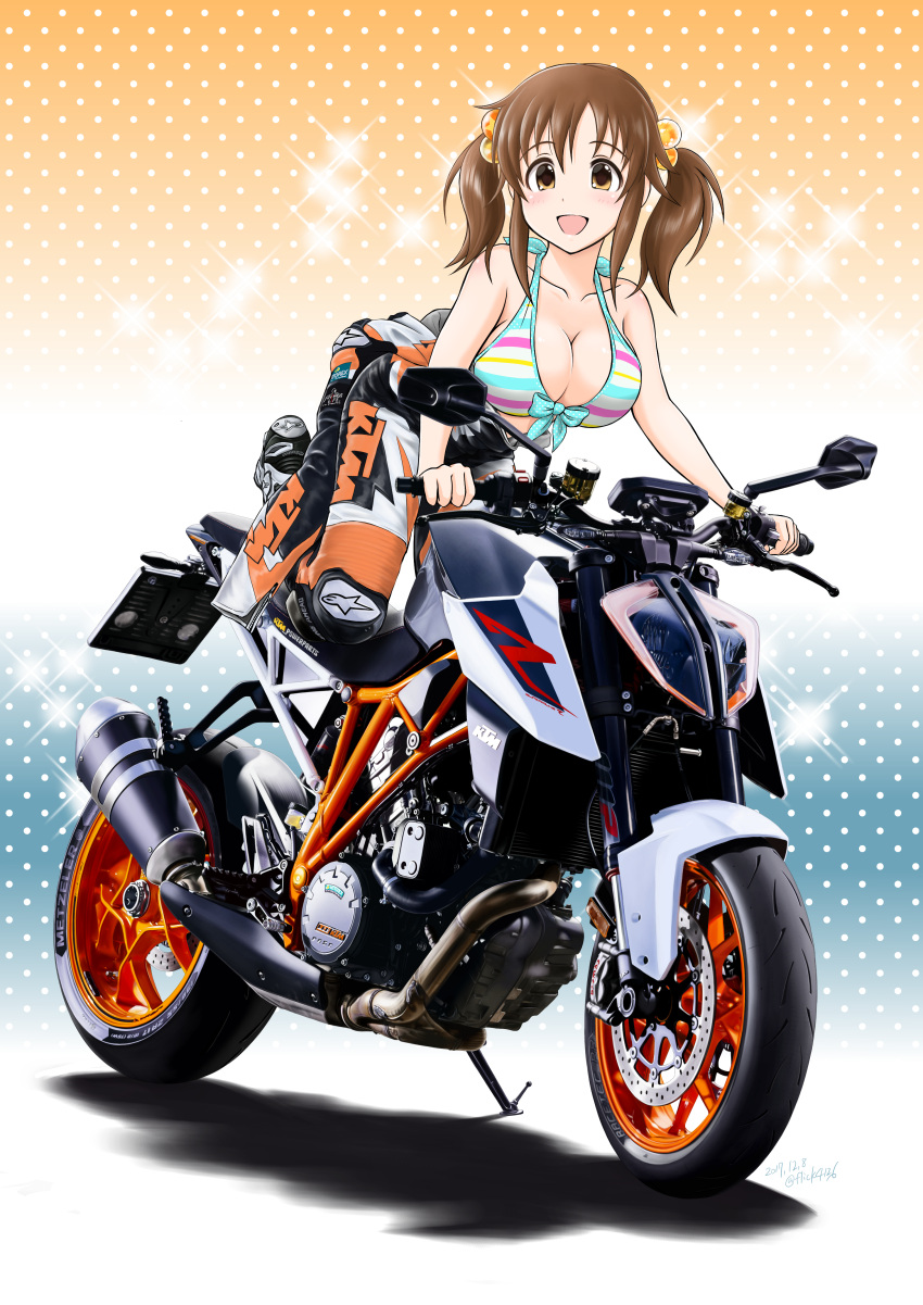 1girl absurdres bangs bare_shoulders biker_clothes bikesuit blue_background blush bodysuit boots breasts brown_eyes brown_hair cleavage flick_(sal23) gradient gradient_background ground_vehicle highres idolmaster idolmaster_cinderella_girls large_breasts looking_at_viewer motor_vehicle motorcycle open_bodysuit open_mouth orange_background orange_bodysuit polka_dot polka_dot_background scrunchie sidelocks smile solo sparkle striped_bikini_top totoki_airi twintails two-tone_background