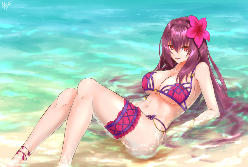 1girl anklet ass bare_shoulders bikini bracelet breasts cleavage fate/grand_order fate_(series) flower hair_flower hair_ornament highres jewelry large_breasts long_hair looking_at_viewer mitsugu navel ocean outdoors partially_submerged purple_bikini purple_hair red_eyes scathach_(fate)_(all) scathach_(fate/grand_order) scathach_(swimsuit_assassin)_(fate) sitting smile solo swimsuit under_boob very_long_hair