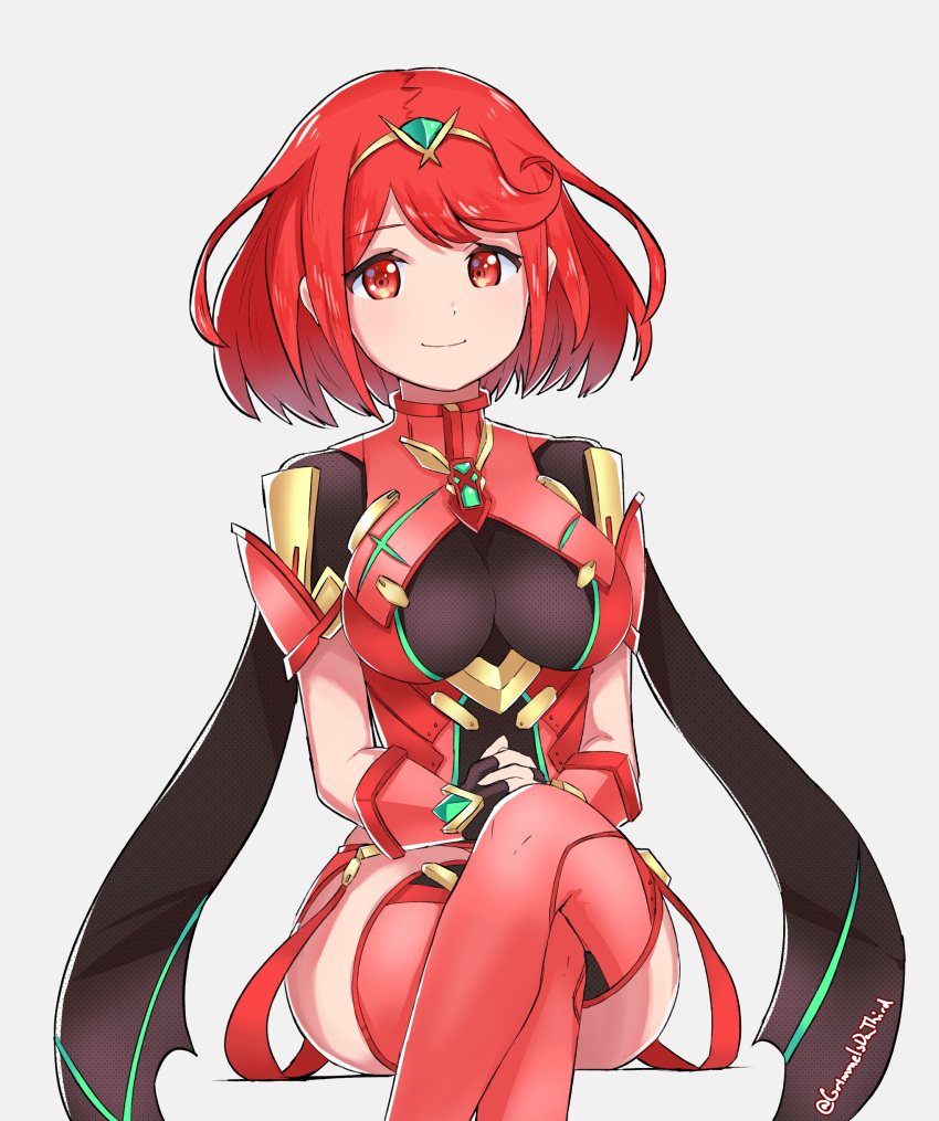 1girl absurdres bangs breasts covered_navel earrings fingerless_gloves gloves grimmelsdathird headpiece highres jewelry large_breasts looking_at_viewer nintendo pyra_(xenoblade) red_eyes red_shorts redhead short_hair shorts shoulder_armor simple_background smile solo swept_bangs tiara xenoblade_(series) xenoblade_2