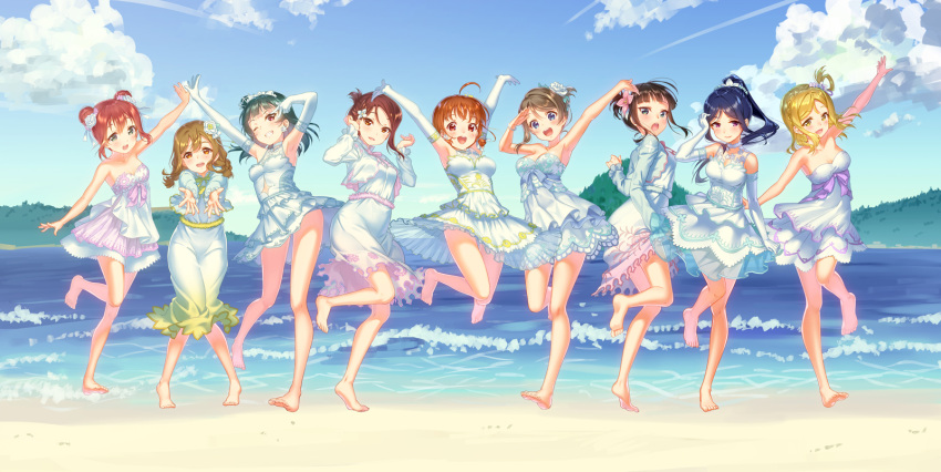 6+girls :d ahoge alternate_hairstyle aqua_eyes arm_up armpits arms_up bangs barefoot beach black_hair blonde_hair blue_hair blue_ribbon braid brown_eyes brown_hair clouds crown_braid day double_bun dress elbow_gloves flower gloves grey_hair grin hair_bun hair_flower hair_ornament hair_ribbon hair_rings hair_up hands_up high_five highres jacket jumping kunikida_hanamaru kurosawa_dia kurosawa_ruby looking_at_viewer love_live! love_live!_sunshine!! matsuura_kanan multiple_girls ocean ohara_mari one_eye_closed open_mouth outdoors outstretched_arms pink_dress pink_flower ponytail purple_ribbon red_eyes redhead ribbon rose sakurauchi_riko side_bun smile spread_arms standing standing_on_one_leg strapless strapless_dress sundress takami_chika tiara tomiwo tsushima_yoshiko twin_braids twintails violet_eyes w_over_eye watanabe_you white_dress white_flower white_gloves white_jacket white_ribbon white_rose yellow_eyes yellow_ribbon