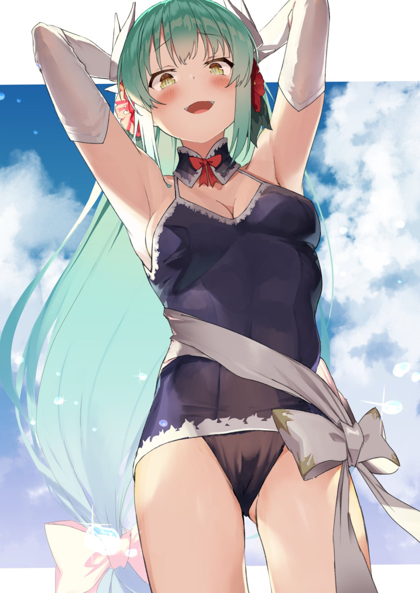 1girl aqua_hair armpits arms_up breasts dragon_horns elbow_gloves fate/grand_order fate_(series) flower gloves hair_flower hair_ornament highres horns kiyohime_(fate/grand_order) looking_at_viewer medium_breasts one-piece_swimsuit sash swimsuit white_gloves xkirara39x yellow_eyes