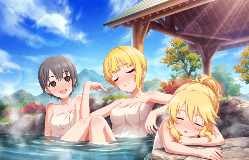 3girls :3 @_@ artist_request autumn autumn_leaves bangs bath bathing blonde_hair blush closed_eyes clouds collarbone day embarrassed eyebrows_visible_through_hair grey_eyes grey_hair hair_between_eyes idolmaster idolmaster_cinderella_girls idolmaster_cinderella_girls_starlight_stage looking_at_another miyamoto_frederica multiple_girls naked_towel official_art onsen open_mouth otokura_yuuki outdoors partially_submerged rock sakurai_momoka short_hair sitting smile steam towel water wavy_hair wet