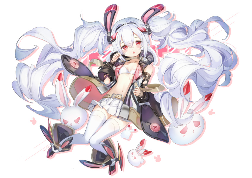1girl :o animal animal_ears azur_lane bangs bikini_top black_footwear black_hairband black_jacket boots breasts commentary_request eyebrows_visible_through_hair full_body hair_between_eyes hair_ornament hairband hand_up head_tilt jacket laffey_(azur_lane) long_hair long_sleeves looking_at_viewer mullpull open_clothes open_jacket parted_lips pleated_skirt rabbit rabbit_ears red_eyes remodel_(azur_lane) silver_hair skirt sleeves_past_wrists small_breasts solo thigh-highs twintails very_long_hair white_background white_bikini_top white_legwear white_skirt