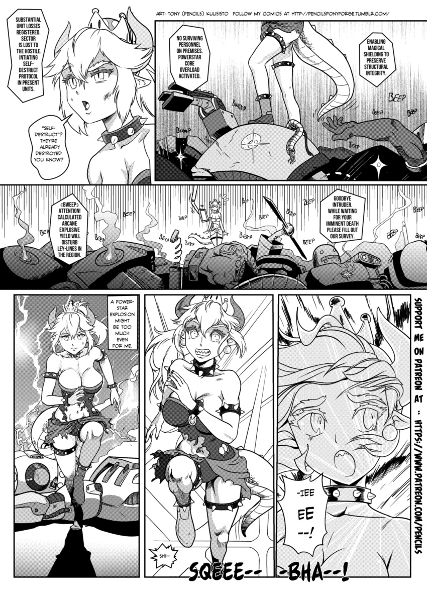 bowsette bracelet breasts collar comic commentary english greyscale highres horns jewelry left-to-right_manga super_mario_bros. monochrome new_super_mario_bros._u_deluxe nintendo pencils_(artist) spiked_collar spiked_shell spikes super_crown tagme tail wreckage