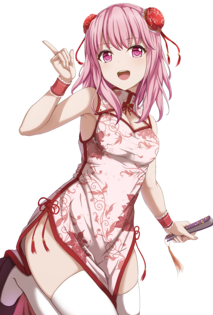 1girl :d armpits bang_dream! bangs bare_arms bare_shoulders black_footwear breasts bun_cover china_dress chinese_clothes cleavage closed_fan commentary_request cowboy_shot double_bun dress eyebrows_visible_through_hair fan folding_fan frilled_cuffs hair_ornament hand_up highres holding holding_fan index_finger_raised leg_up long_hair looking_at_viewer maruyama_aya medium_breasts narafume open_mouth pelvic_curtain pink_eyes pink_hair side_slit simple_background sleeveless sleeveless_dress smile solo standing standing_on_one_leg taut_clothes thigh-highs thighs upper_teeth white_background white_dress white_legwear wrist_cuffs