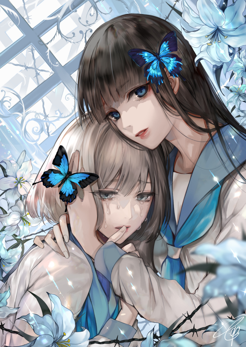 2girls bangs black_hair blue_eyes bug butterfly butterfly_hair_ornament crying crying_with_eyes_open eyebrows_visible_through_hair finger_to_mouth flower grey_eyes hair_ornament hand_on_another's_face hand_on_another's_shoulder highres hug insect light_brown_hair long_hair long_sleeves looking_at_viewer looking_to_the_side multiple_girls original parted_lips sailor_collar sailor_shirt school_uniform shirt short_hair tcb tears upper_body yuri