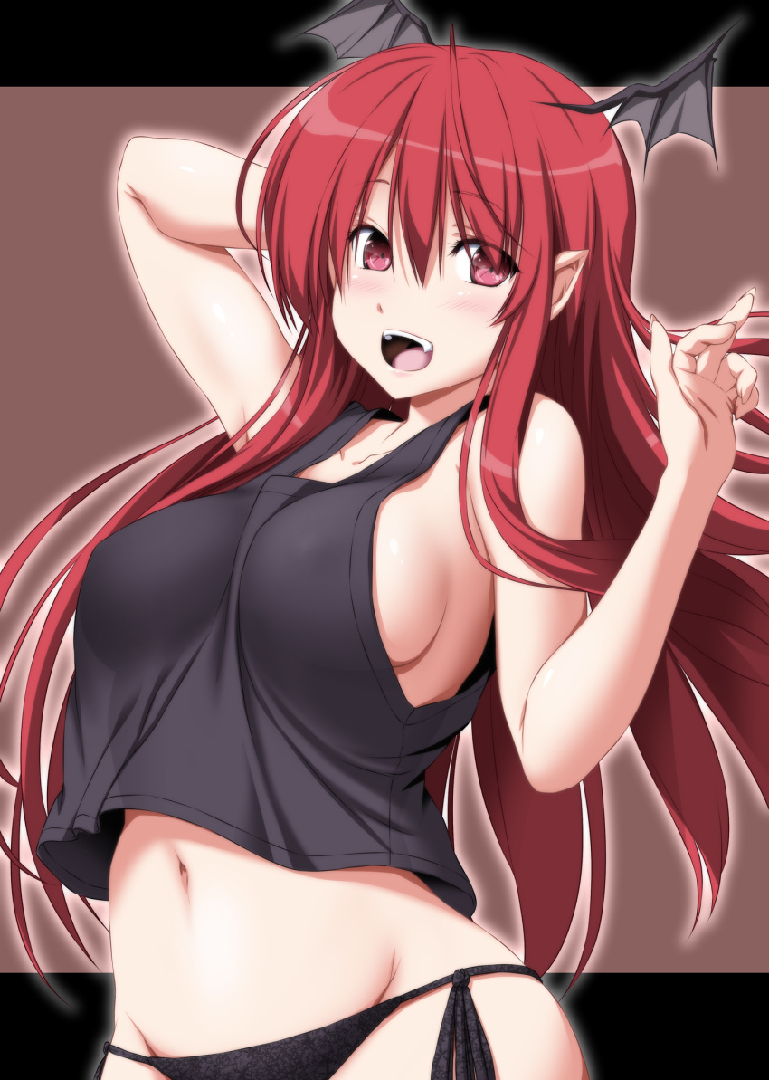 1girl arm_behind_head arm_up bangs bare_arms bare_shoulders black_panties black_tank_top blush breasts collarbone commentary_request covered_nipples cowboy_shot demon_wings eyebrows_visible_through_hair groin hair_between_eyes hand_up head_wings highres koakuma long_hair looking_at_viewer medium_breasts navel no_bra nori_tamago open_mouth panties pointy_ears red_eyes redhead side-tie_panties sideboob smile solo stomach tank_top touhou underwear very_long_hair wings