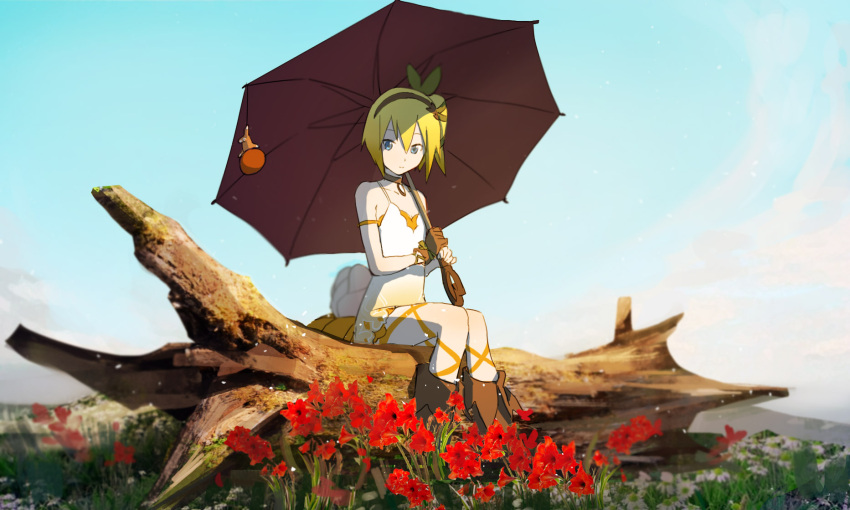 1girl bangs bare_shoulders black_choker black_hairband blonde_hair blue_eyes blue_sky boots brown_footwear brown_gloves choker closed_mouth day dress edna_(tales) flower gloves green_ribbon hair_between_eyes hair_ribbon hairband highres holding holding_umbrella log normin_(tales) outdoors over_shoulder red_flower ribbon short_dress short_hair side_ponytail single_glove sitting sky solo tales_of_(series) tales_of_zestiria umbrella white_dress white_flower yarr