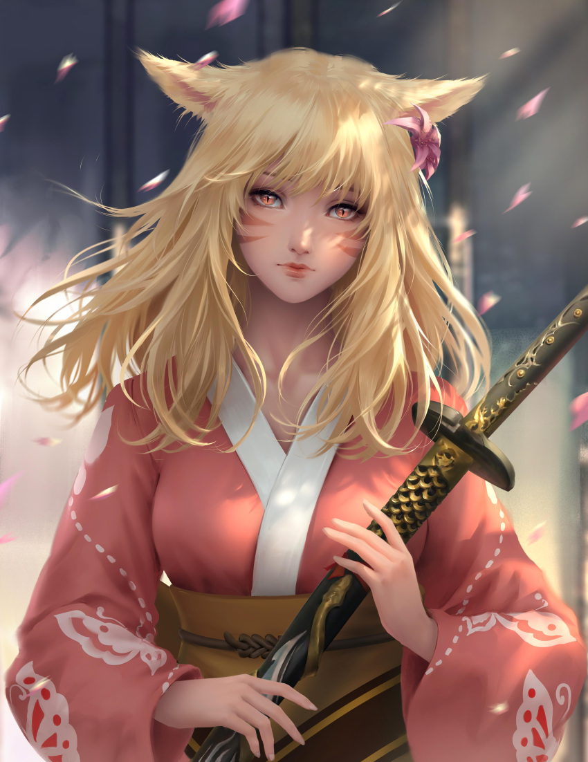 1girl absurdres animal_ears blonde_hair blurry blurry_background cat_ears chuby_mi closed_mouth commission day facial_mark final_fantasy final_fantasy_xiv flower hair_flower hair_ornament highres holding holding_weapon japanese_clothes katana kimono lips long_hair looking_at_viewer miqo'te petals slit_pupils solo sword upper_body weapon wind yellow_eyes yukata