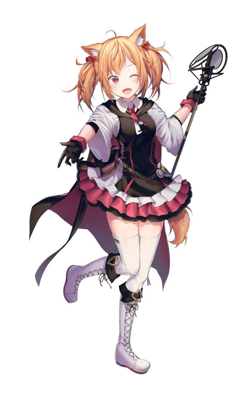 1girl absurdres alpha_(ypalpha79) animal_ears arknights black_cloak black_gloves blonde_hair boots bow cat_ears cat_tail full_body gloves hair_bow highres holding leg_up miniskirt pink_skirt pleated_skirt red_bow simple_background skirt solo standing standing_on_one_leg tail thigh-highs twitter_username white_background white_footwear white_legwear zettai_ryouiki