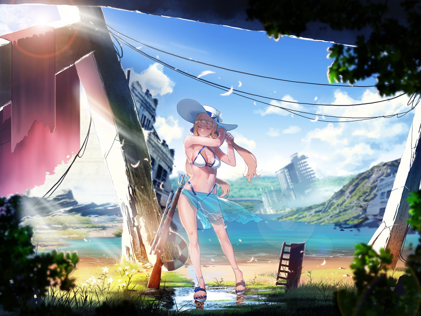 1girl alternate_costume bangs bare_arms bikini blue_bikini blue_nails blue_ribbon blue_sky blurry blurry_foreground blush bolt_action breasts brown_hair cleavage closed_eyes clouds commentary_request day depth_of_field eyebrows_visible_through_hair facing_viewer feathers flower full_body girls_frontline gun hair_between_eyes hair_ribbon hair_rings hat hat_flower hat_ribbon highleg highleg_bikini highres ihobus large_breasts lifebuoy long_hair m1903_springfield m1903_springfield_(girls_frontline) nail_polish navel o-ring object_namesake outdoors power_lines puddle reflection ribbon rifle ruins sandals sarong scenery see-through sidelocks skindentation sky smile solo stomach sun_hat sunlight swimsuit tying_hair water weapon white_hat wind