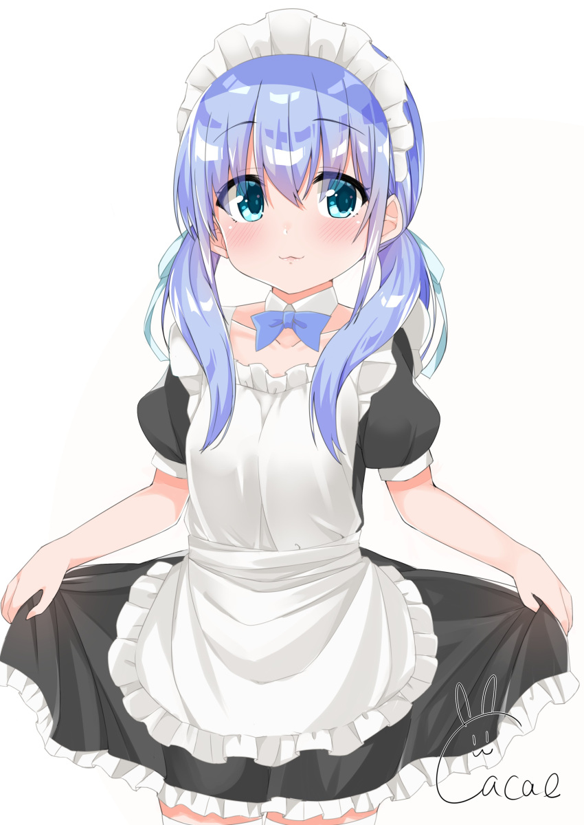 1girl :3 absurdres apron black_shirt black_skirt blue_bow blue_eyes blue_hair blush bow bowtie cacao_(chocolat) choker collarbone cowboy_shot frilled_apron frilled_skirt frills gochuumon_wa_usagi_desu_ka? highres kafuu_chino long_hair looking_to_the_side maid maid_headdress shirt short_sleeves signature simple_background skirt skirt_hold solo standing twintails white_apron white_background