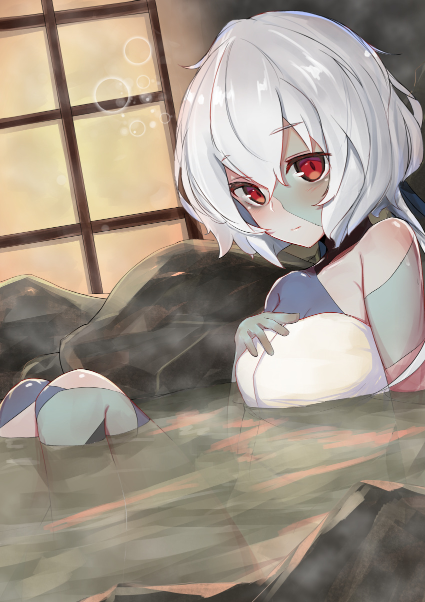 1girl absurdres highres konno_junko multicolored multicolored_skin naked_towel nanakaku onsen partially_submerged red_eyes silver_hair solo stitches towel zombie zombieland_saga