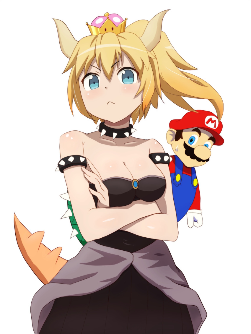 1boy 1girl a-1_pictures ascii_media_works bare_shoulders blonde_hair blue_eyes blush bowsette breasts brown_hair cabbie_hat can't_be_this_cute cleavage crossed_arms dress facial_hair fang hat highres horns kanzaki_hiro_(style) mario super_mario_bros. met miyamoto_shigeru monster_girl mustache new_super_mario_bros._u_deluxe nintendo nintendo_ead ore_no_imouto_ga_konna_ni_kawaii_wake_ga_nai parody ponytail shell simple_background sleeveless sleeveless_dress strapless strapless_dress super_crown super_mario_bros. sweatdrop tail tokyo_mx white_background