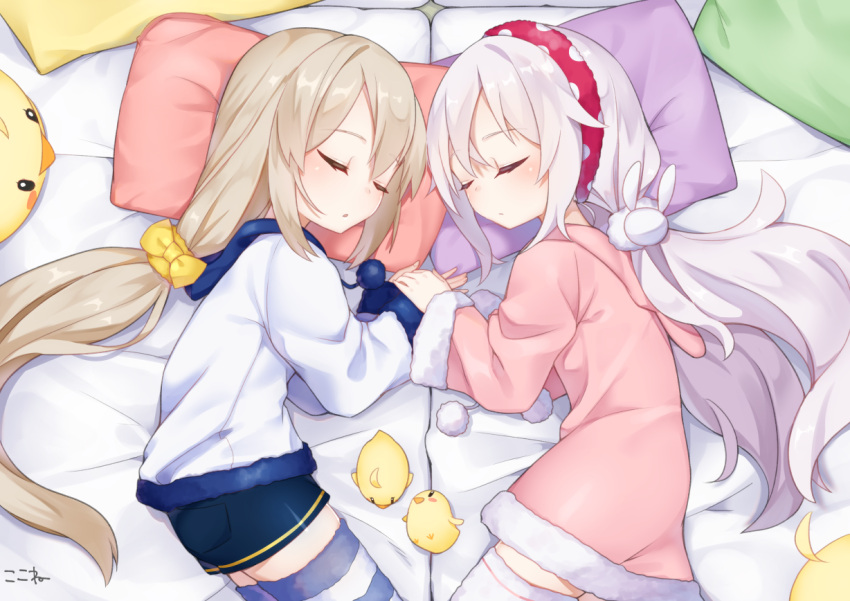 2girls alternate_hairstyle animal ayanami_(azur_lane) azur_lane bangs bed_sheet bird blue_shorts blush bow bunny_hair_ornament chick closed_eyes closed_mouth commentary_request eyebrows_visible_through_hair fingernails fur-trimmed_jacket fur-trimmed_sleeves fur_trim hair_between_eyes hair_bow hair_down hair_ornament hands_together hood hood_down hooded_jacket jacket koko_ne_(user_fpm6842) laffey_(azur_lane) long_hair long_sleeves low_ponytail lying multiple_girls on_side parted_lips pillow pink_jacket shirt short_shorts shorts silver_hair sleeping sleeves_past_wrists striped striped_legwear thigh-highs very_long_hair white_shirt yellow_bow