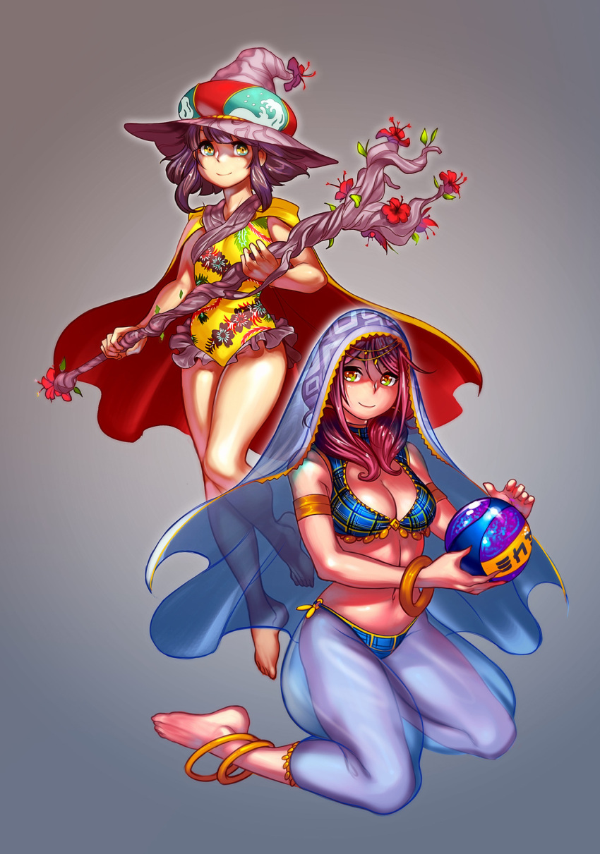 2girls amano-g anklet armlet bangle barefoot blue_eyes bracelet breasts cape cleavage cleavage_cutout commentary crystal_ball english_commentary flat_chest floral_print full_body green_eyes grey_background halter_top halterneck harem_pants harukana_receive hat higa_kanata highres jewelry kneeling medium_breasts medium_hair multiple_girls navel one-piece_swimsuit oozora_haruka_(harukana_receive) pants pink_hair purple_hair see-through short_hair_with_long_locks smile staff standing swimsuit toes veil witch_hat yellow_swimsuit