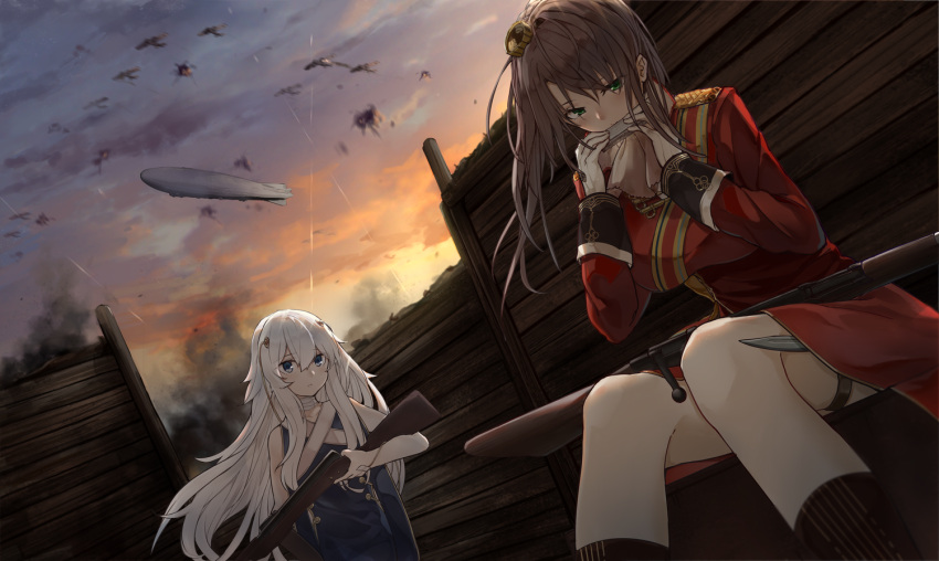 2girls aircraft blimp blue_eyes bolt_action brown_hair commentary commentary_request dirigible girls_frontline green_eyes gun harmonica instrument lee-enfield lee-enfield_(girls_frontline) mag_(mag42) military military_uniform multiple_girls ribeyrolles_1918 ribeyrolles_1918_(girls_frontline) rifle silver_hair sunset trench uniform war weapon