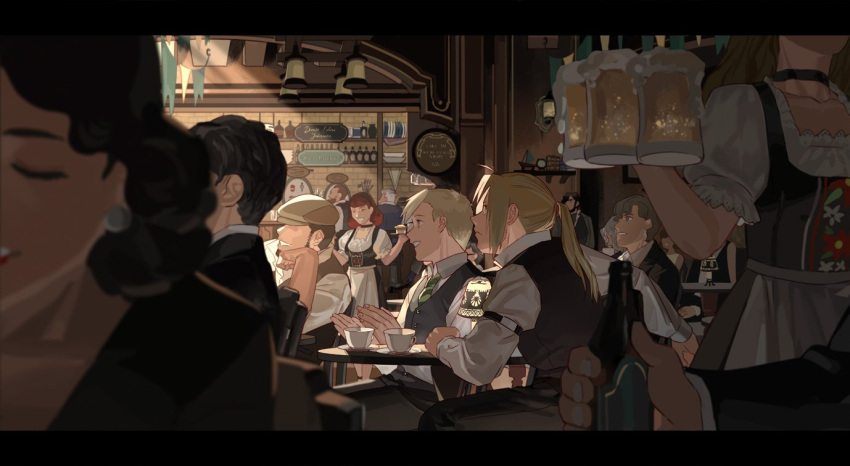 4girls 5boys alcohol alphonse_elric beer beer_bottle beer_mug black_hair blonde_hair brothers clapping cup earrings edward_elric fingernails fullmetal_alchemist happy holy_pumpkin indoors jewelry letterboxed lipstick long_sleeves looking_away makeup multiple_boys multiple_girls necktie ponytail profile saucer serious short_hair siblings sitting smile sunlight table teacup teeth waistcoat